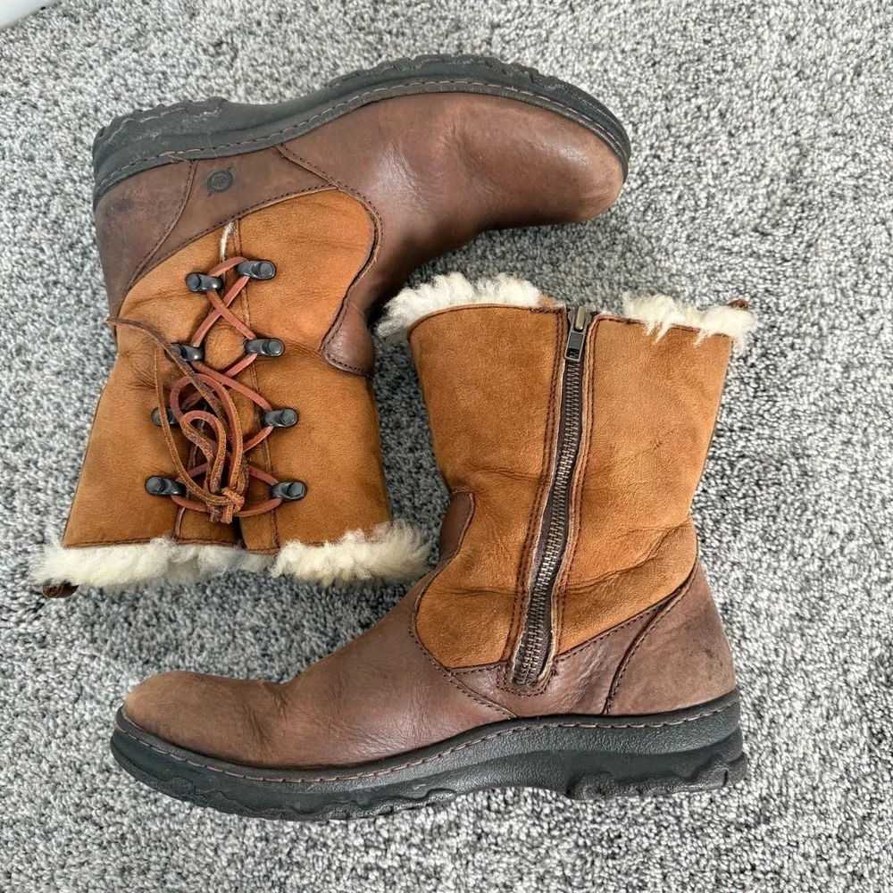 Born Masa Brown Leather Boots Shearling Lining Lamb Fur Comfort SideZip Women 9